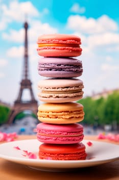 macaroons with the Eiffel Tower in the background. Selective focus. Food.