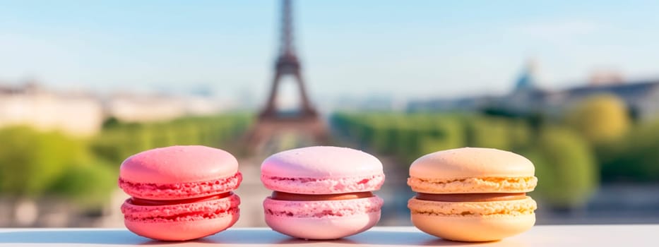 macaroons with the Eiffel Tower in the background. Selective focus. Food.