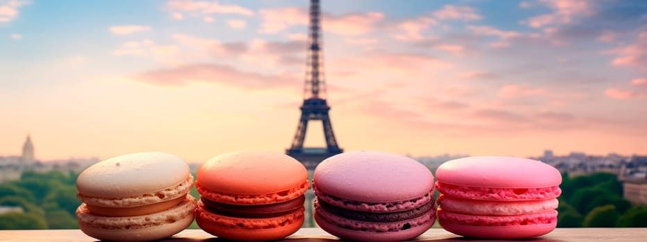 macaroons with the Eiffel Tower in the background. Selective focus. Food.