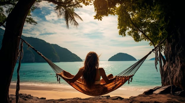 A woman rests on a hammock against the backdrop of the sea. Selective focus. Travel.