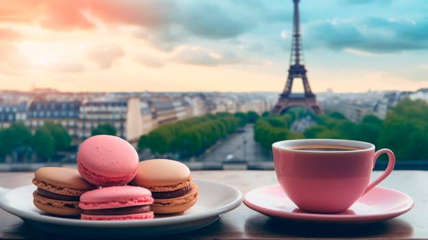 A cup of coffee and macaroons on the background of the Eiffel Tower. Selective focus. Food.