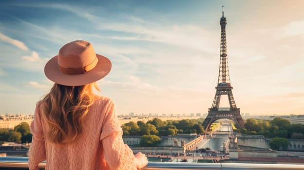 A woman in a hat looks at the Eiffel Tower. Selective focus. people.