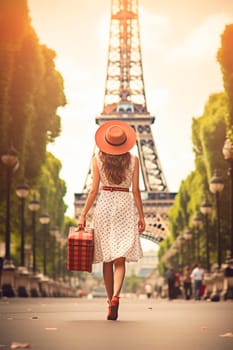 A woman in a hat with a suitcase looks at the Eiffel Tower. Selective focus. Travel.
