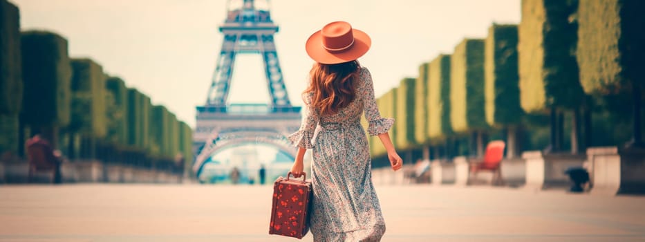 A woman in a hat with a suitcase looks at the Eiffel Tower. Selective focus. Travel.