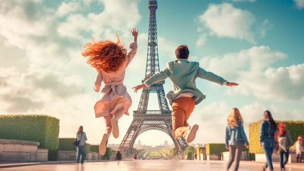 A happy woman and a man are jumping together near the Eiffel Tower. Selective focus. travel.