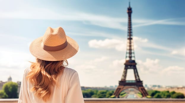 A woman in a hat looks at the Eiffel Tower. Selective focus. people.