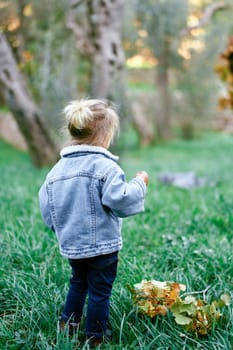 Little girl stands in the green grass near a lying oak branch with yellow leaves. Back view. High quality photo