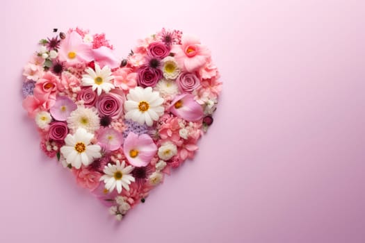 A variety of pink and white flowers are laid out in the shape of a heart on a pink background. The copy space. Minimalism.