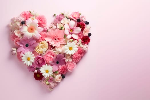 A variety of pink and white flowers are laid out in the shape of a heart on a pink background. The copy space. Minimalism.