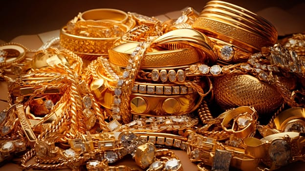 a bunch of gold jewelry. Selective focus. Gold.