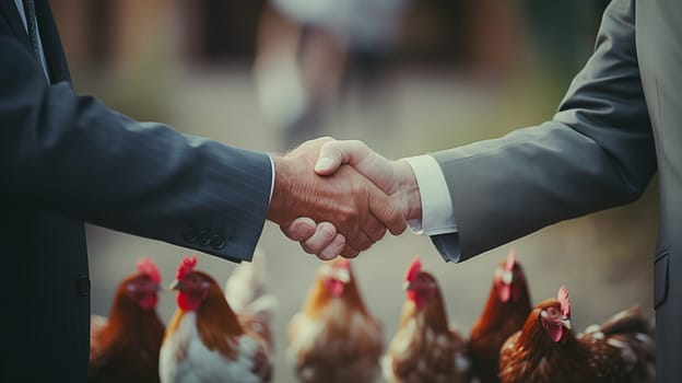 handshake of two men in business suits on the background of chickens on farm, at sunset. Close up