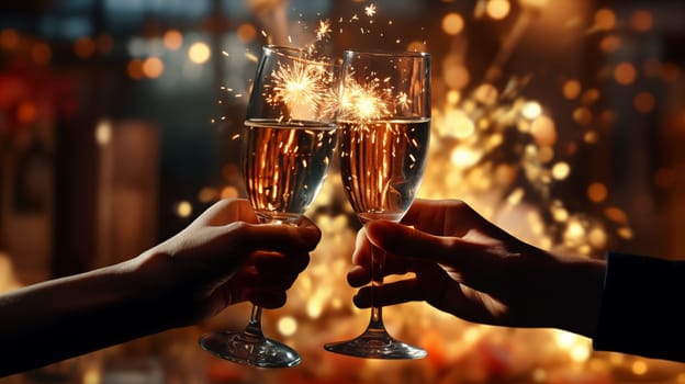 Close-up of two hands clinking glasses of champagne and a Bengali firework, against a background of golden glowing New Year's lights on a bokeh-style background.