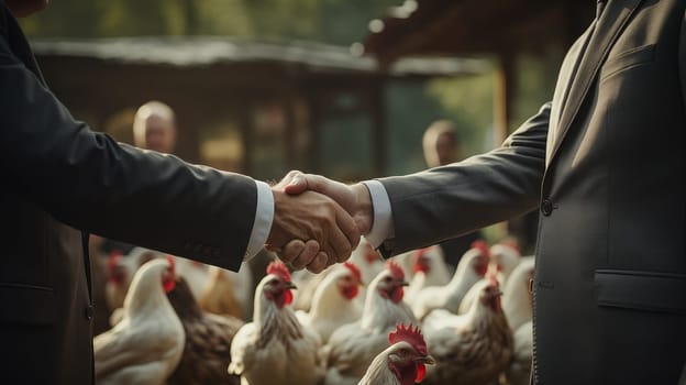 Close up of handshake of two men in business suits on the background of white chickens on farm.