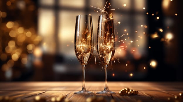 In the evening, there are two glasses of champagne on the table with a Bengali firework inside in the evening.