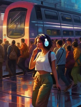 teen girl cmmute in train metro station wearing casual, music listen with earphone ,in a fantasy neon glow atmosphere, art generated