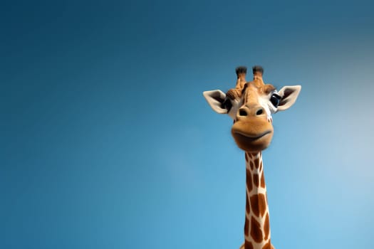 A giraffe looking at the camera against blue background - generative AI