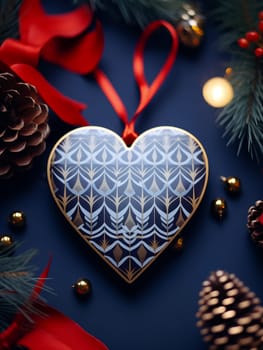 Intricately designed folk art heart ornament on a festive tree