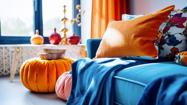 vibrant interior design with colored sofa and cushions - generative AI