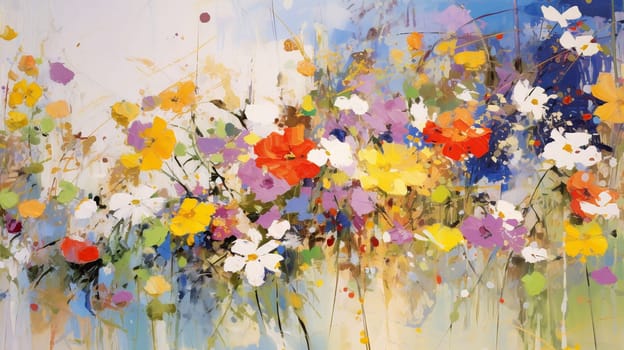 A vibrant burst of color and life, the painting captures the delicate beauty of poppy flowers on a dreamy blue canvas, evoking a sense of whimsy and creativity - generative AI