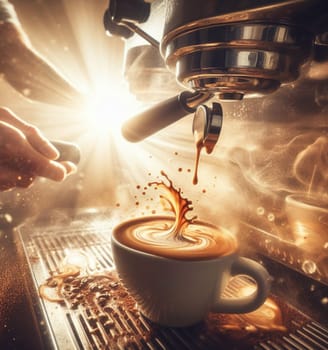 make latte art golden cappuccino at bar expert barista splashing cream fantasy illustration render art generated