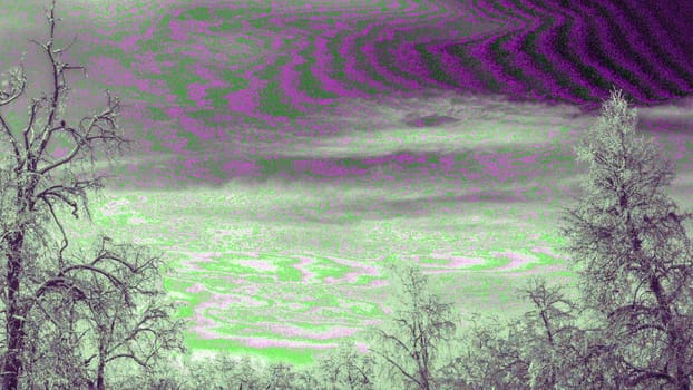 glitchy landscape of frost-covered winter trees with green and purple moire and weird color.