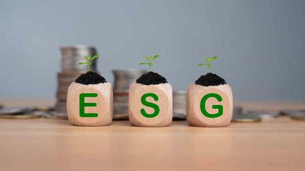 ESG concept of environmental, social and governance, wood block and ESG letters on wooden background It is an idea for sustainable organizational development ​account the green environment.