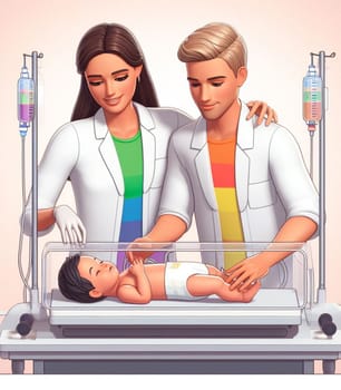 illustration depicting medical staff people at the hospital take care of newborn baby ai generated