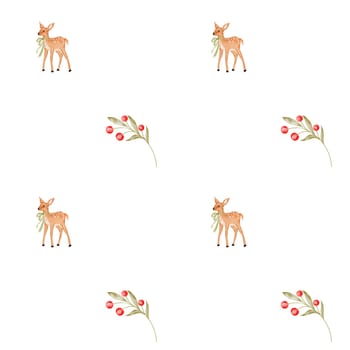 Watercolor seamless pattern of fawn with a bow and branches of berries. Cute elegant deer illustration for printing on children's textiles and wrapping paper. High quality illustration