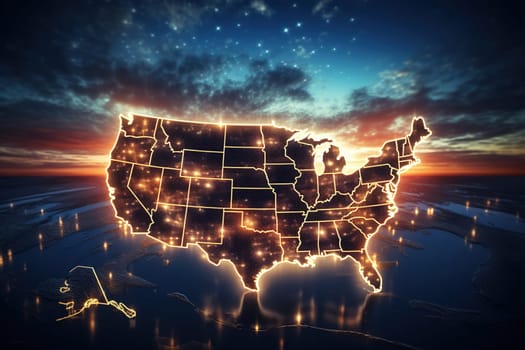 Image of a map of the USA against the background of planet Earth with a beautiful sky.