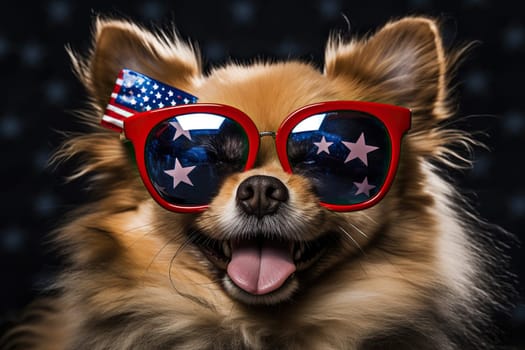 Pomeranian dog wearing sunglasses with stars and USA flag. Elections, US Independence Day. Patriotic dog.