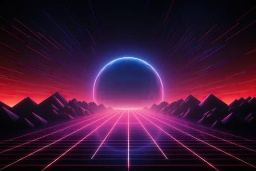 Futuristic background. Neon road leading to sunset, rocks, retro wave.