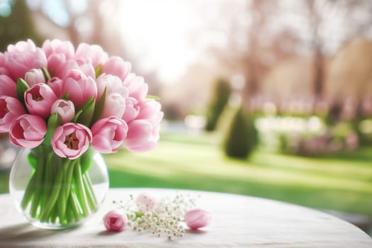 Bouquet pink tulips in glass vase on table in garden on sunny spring day, blurred background with bokeh, still life.