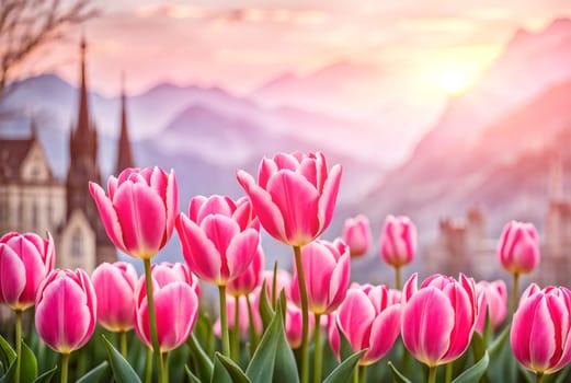 Field of pink tulips in the park on a spring day, spring holidays concept.