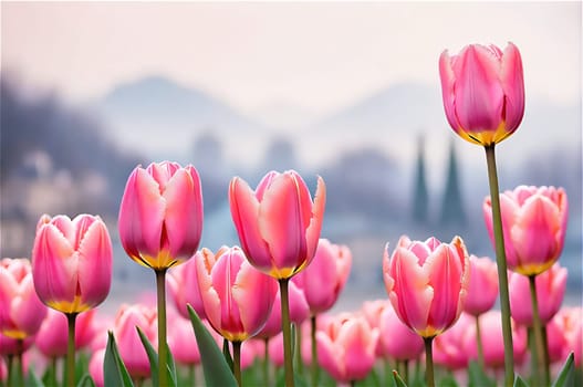 Field of pink tulips in the park on a spring day, spring holidays concept.