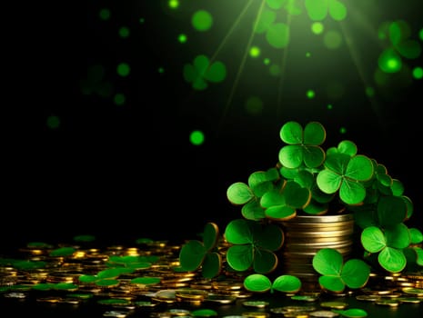 The green background of the copy area with clover and gold coins for St. Patrick's Day. High quality photo