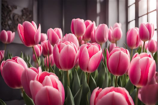 Field of pink tulips in the park on a spring day, spring holidays concept.