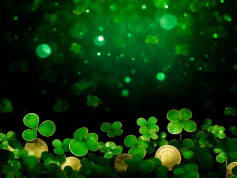 The green background of the copy area with clover and gold coins for St. Patrick's Day. High quality photo