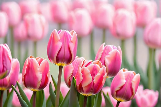 Spring nature background. Beautiful pink Tulips flowers in park. Gentle artistic floral image. Template for design. Copy space. Banner