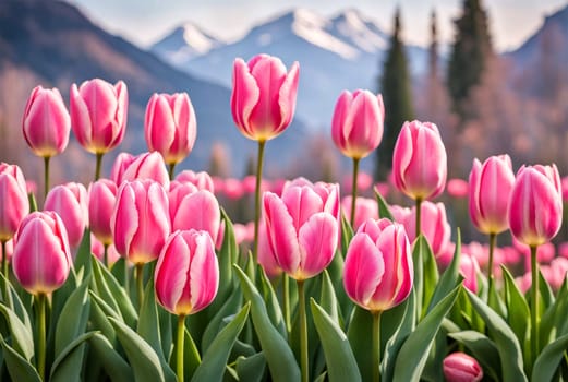 Field of pink tulips close-up on a spring day against the backdrop of mountains