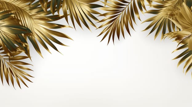 Frame with golden palm leaves on a white background. Place for text.