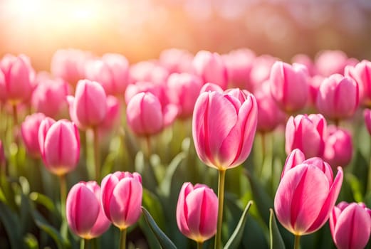 Spring nature background. Beautiful pink Tulips flowers in park. Gentle artistic floral image. Template for design. Copy space. Banner