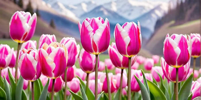 Field of pink tulips close-up on a spring day against the backdrop of mountains