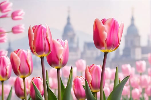 Field of pink tulips in the park on a spring day, spring holidays concept.