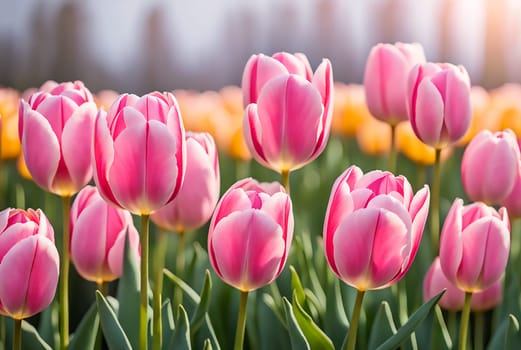 Spring nature background. Beautiful pink Tulips flowers in park. Gentle artistic floral image. Template for design. Copy space. Banner