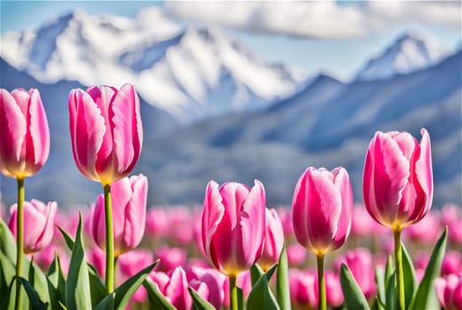 Field of pink tulips close-up on a spring day against the backdrop of mountains