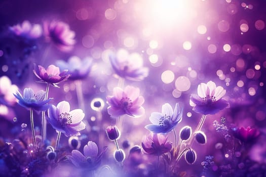 Purple bokeh sparkle abstract background with lilac flowers