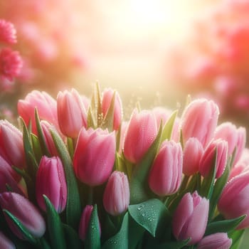 Bouquet pink tulips in glass vase on table in garden on sunny spring day, blurred background with bokeh, still life.