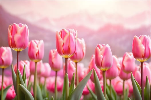 Field of pink tulips close-up on a spring day against the backdrop of mountains