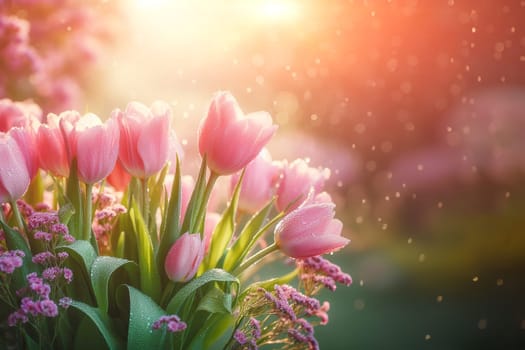 Bouquet pink tulips in glass vase on table in garden on sunny spring day, blurred background with bokeh, still life.