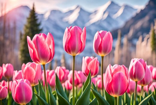 Field of pink tulips close-up on a spring day against the backdrop of mountains